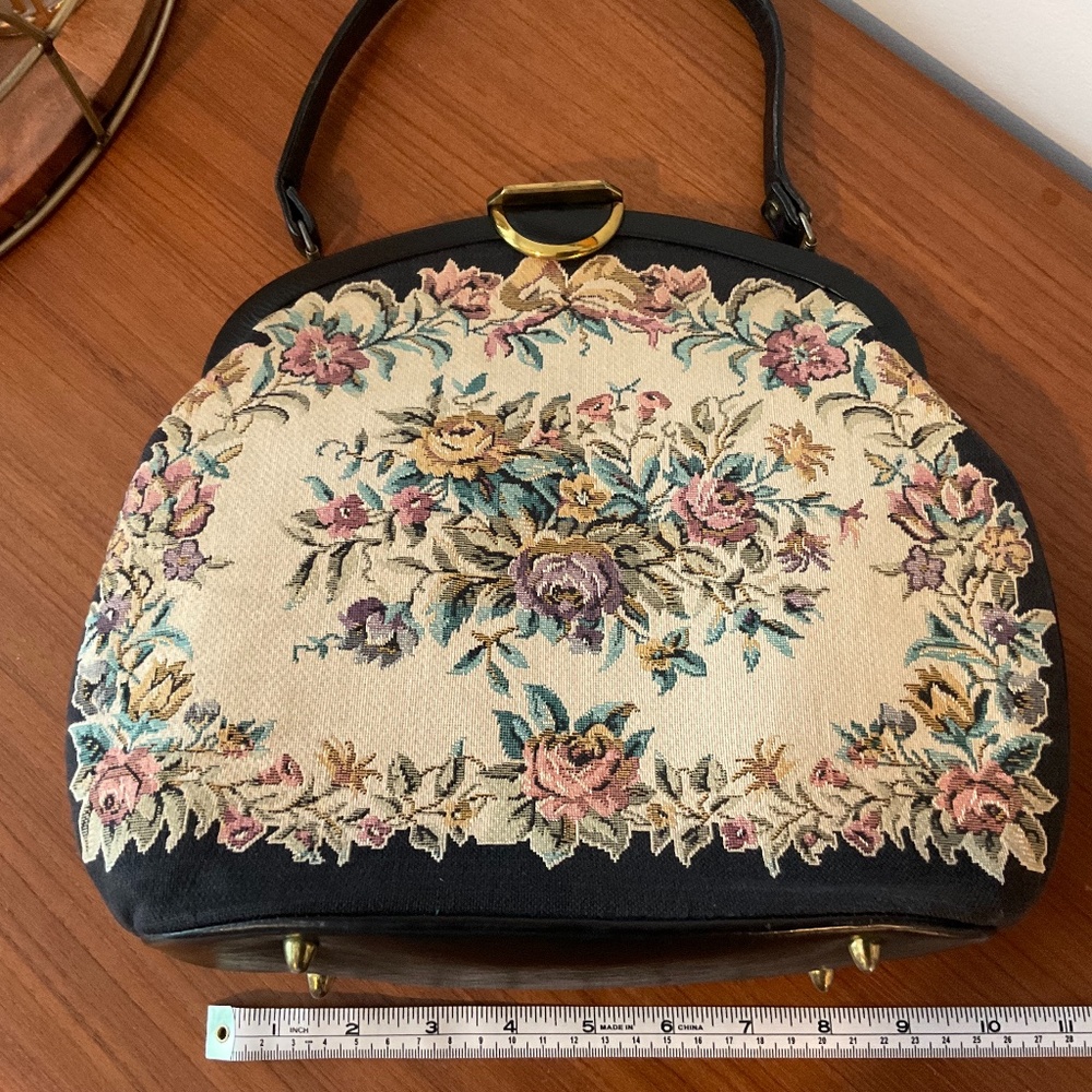 Vintage Tapestry Handbag black leather trim